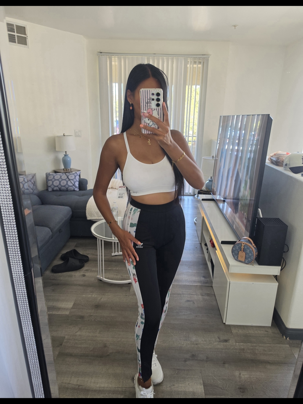 Women’s Black High-Waist Leggings with Floral Side Panels Stretch